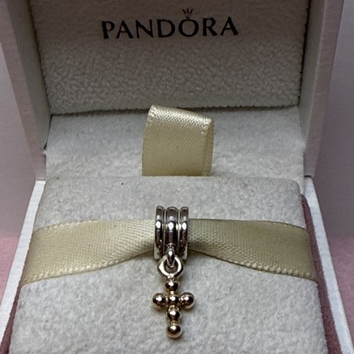 291A NIB AUTH PANDORA SS/14K TWO TONE GOLD CROSS DANGLE #790169 RETIRED!