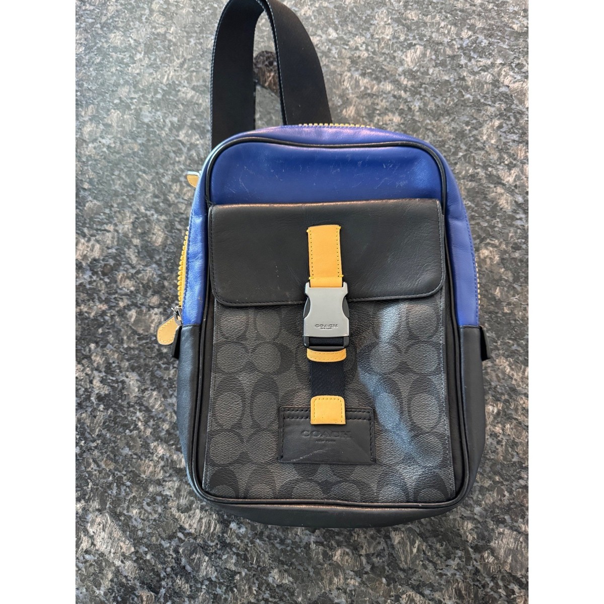 Coach Track Pack Sling Bag Signature Canvas Colorblock Blue Black