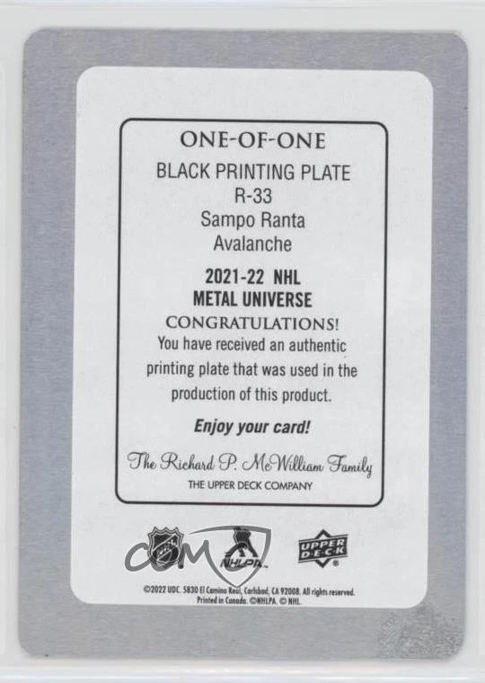 2021 Skybox Metal Universe Printing Plate Black 1/1 Sampo Ranta Rookie RC 0gn4 - Image 2 of 3