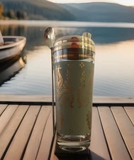 Jeanette Glass Co Laurel & Lyre Cocktail Shaker Lid & Spoon Green/Gold Art Deco