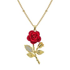 Womens Red Rose Flower Charm Pendant Gold Plated Chain Necklace 18"-20"