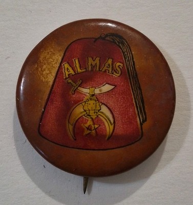 Antique Almas Shrine Celluloid Pinback Button Masonic Shriners Fez Torsch & Fran