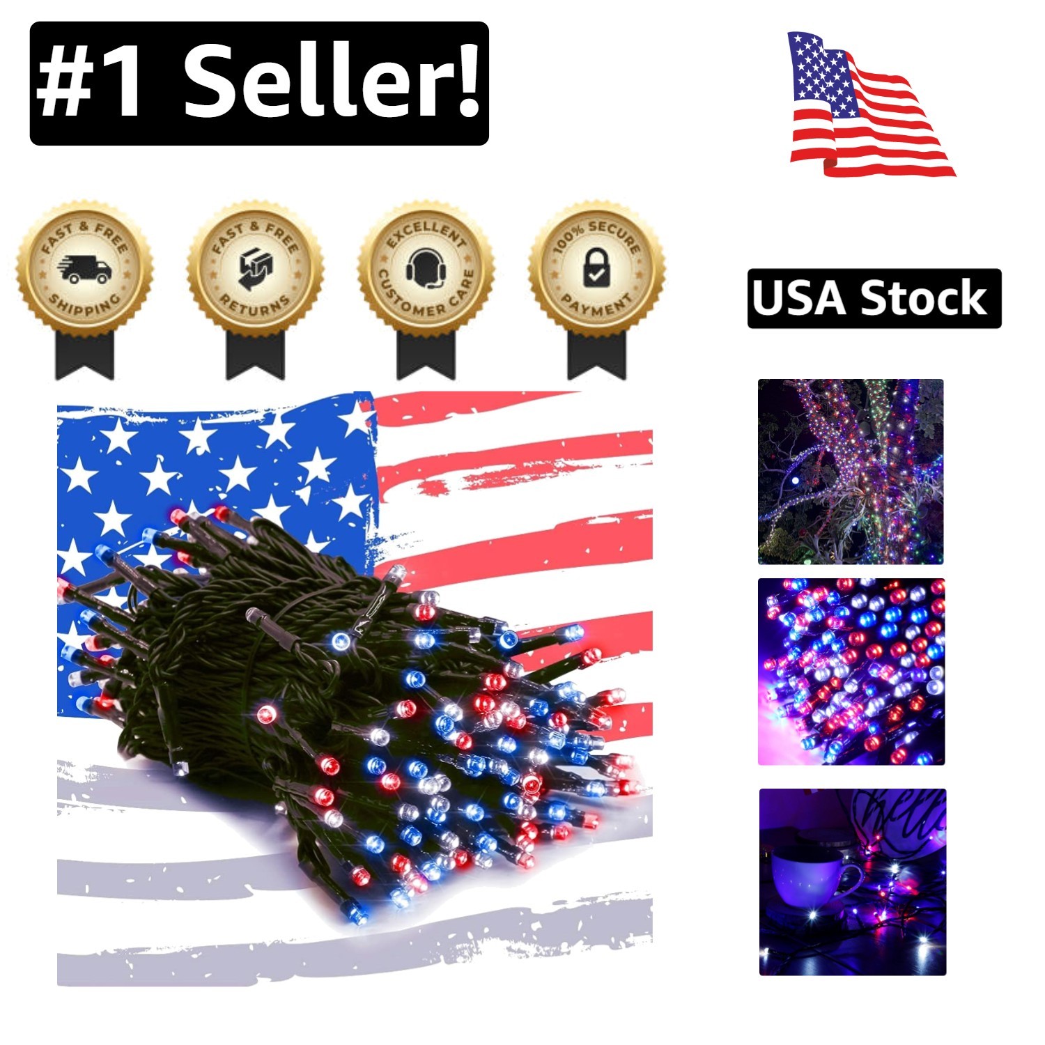 200 LED 66FT Red White Blue String Lights for Holiday Decor