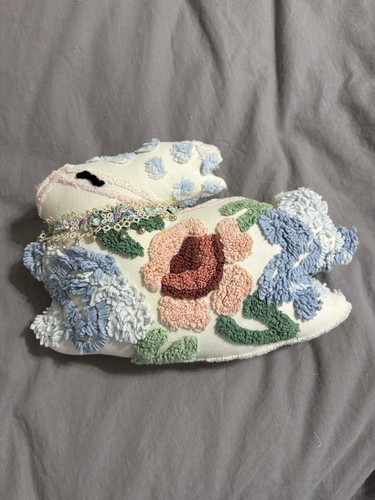 VINTAGE CHENILLE Handmade Easter Bunny Rabbit Pillow Floral Ribbon