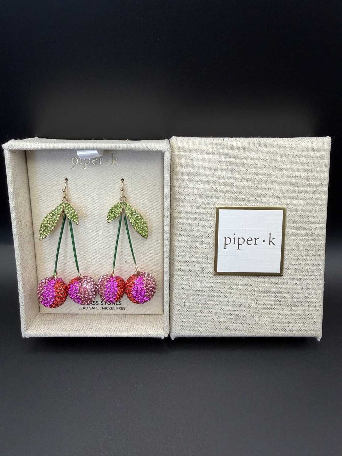 PIPER K Cherry Glass Stones Nickel Free Drop Statement Earrings NEW IN BOX