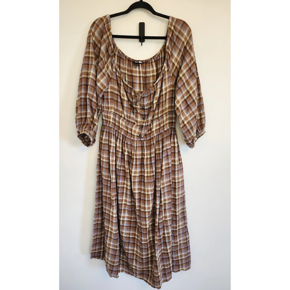 Vestido midi Madewell para mujer de gasa Sophia cintura ajustada marrón a cuadros grande Foto 2 de 4