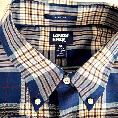 Lands End No Iron Twill Traditional Fit Men Size XL Shirt Button Up Blue Plaid - Picture 7 of 11