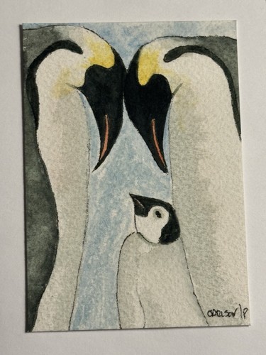 ACEO Original Painting Penguin Family Pat Carlson Emperor Penguins ATC Art Card