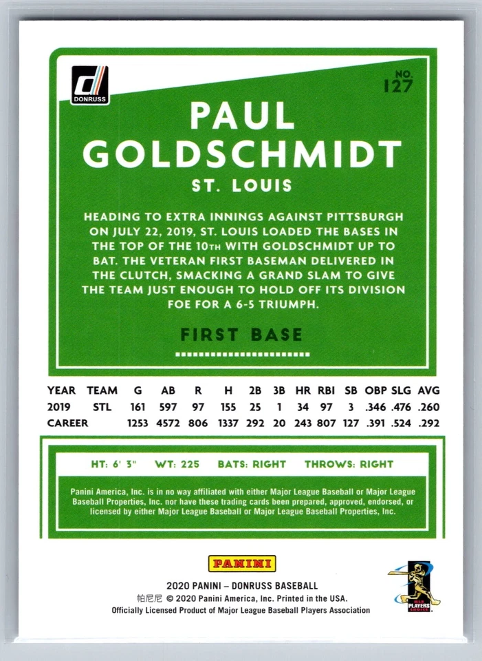 2020 Donruss #127 Paul Goldschmidt One Hundred Emoji #/100 - Image 2 of 2