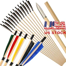 12X 32" Archery Wooden Arrow Natural Feather 5" Handmade Traditional Bow Hunting