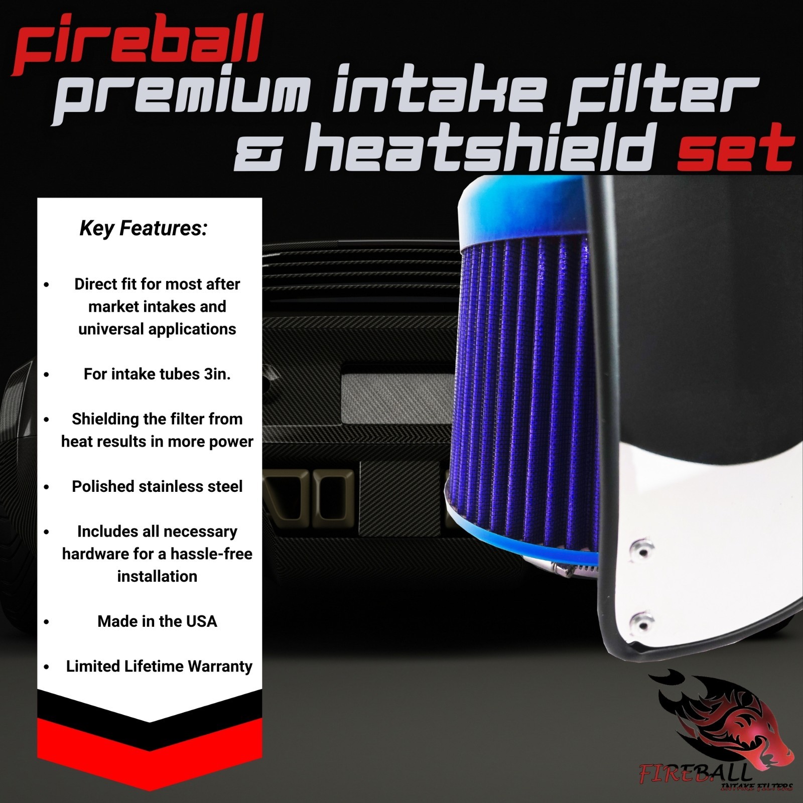 Reusable Cold Air Intake Filter and Heat Shield Kit Universal for Bentley