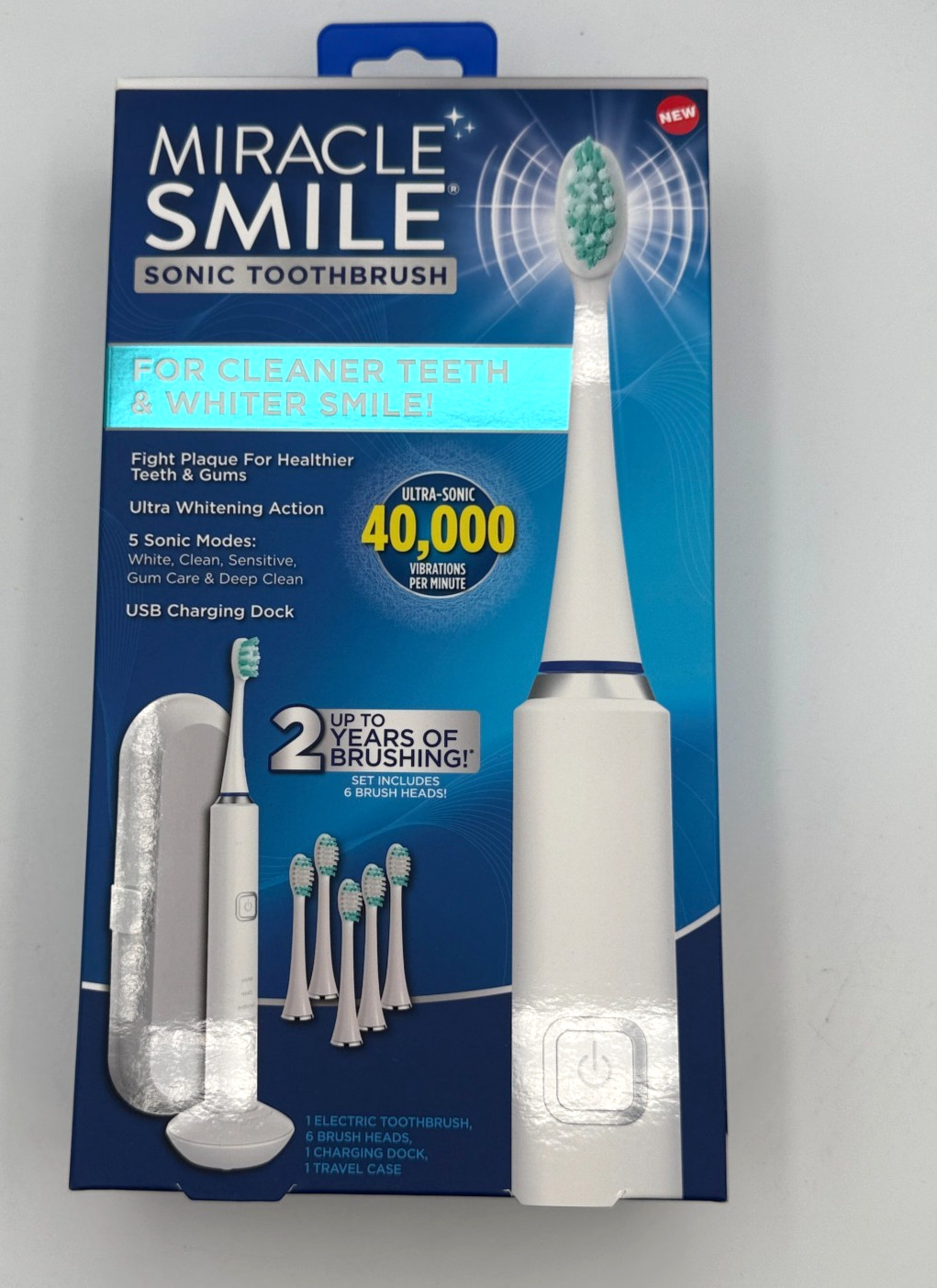 Miracle Smile Sonic Toothbrush, 5 Sonic Speeds, USB Charging