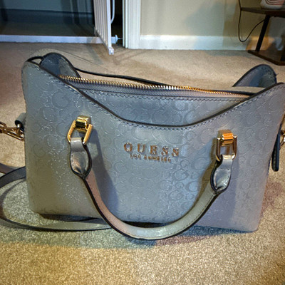 GUESS Gray Logo Satchel Top Handle Zip Bag Detachable Adjustable Strap Gold