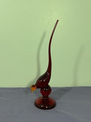 Viking Glass Vintage Ruby Red Epic Long Tail Bird 10  Tall