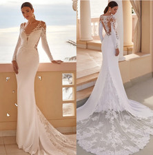Elegant Satin Lace Mermaid Wedding Dress V Neck Long Sleeves Wedding Gowns