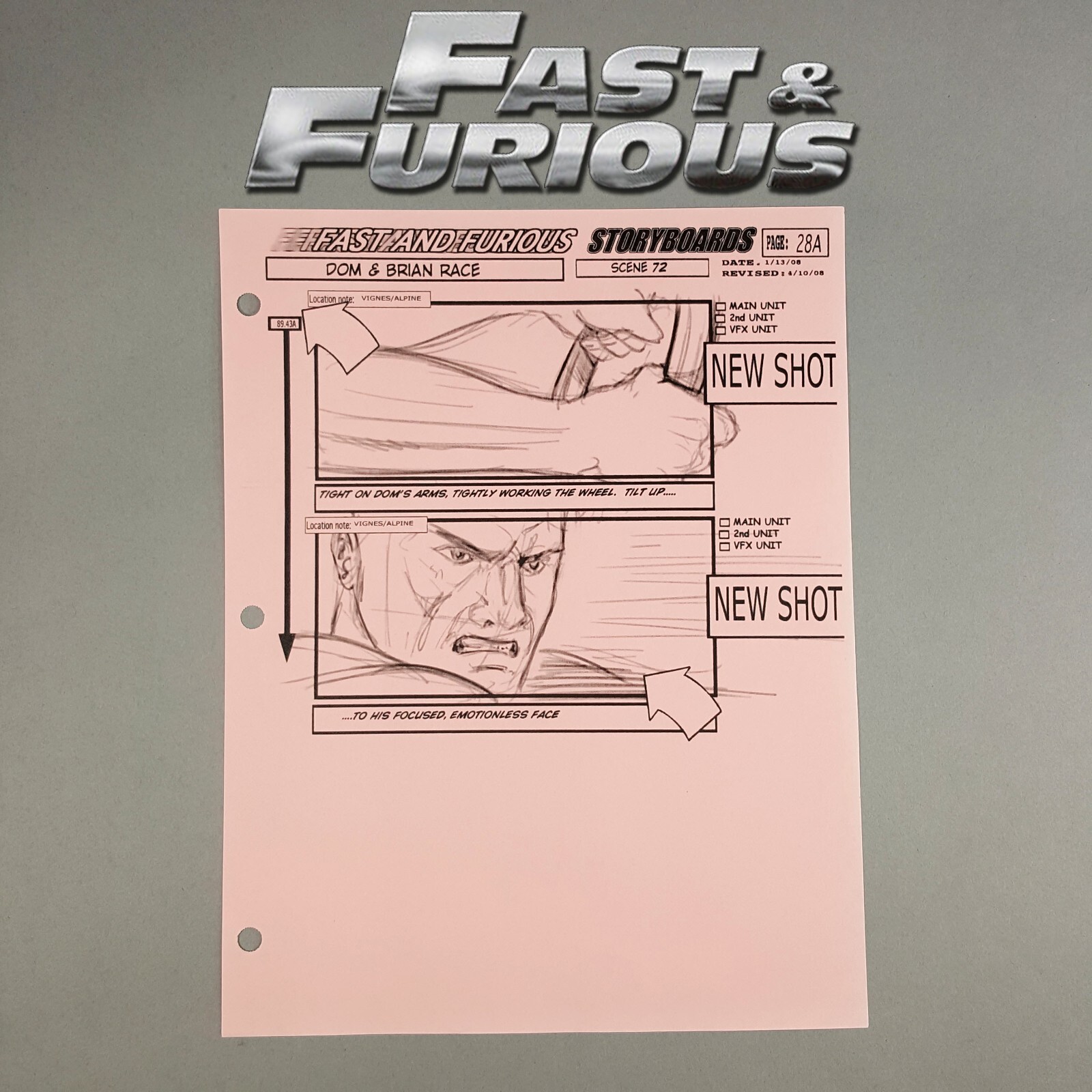 Fast and Furious 4 Production Used Storyboard, Dom Steers Under Pressure, COA