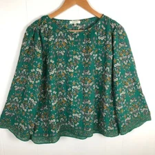 Max Studio Floral Print Green Blouse Boho Chic Romantic Top XS