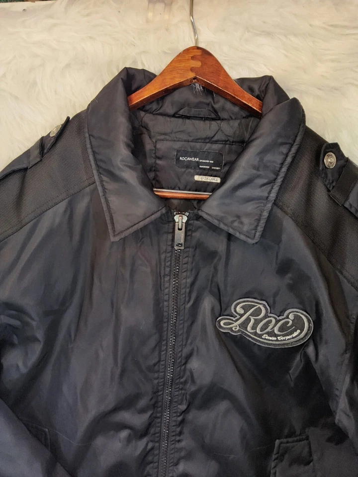 Y2K Rocawear Bomber Satin Jacket Patchwork Puffer Black Mens Sz XXL VTG Hip hop  - Image 3 of 4