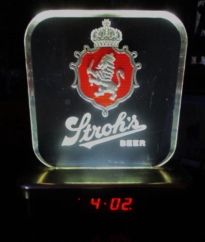 Vintage Glowing Stroh's Beer Acrylic Lighted Bar Sign And Digital Clock  Works!