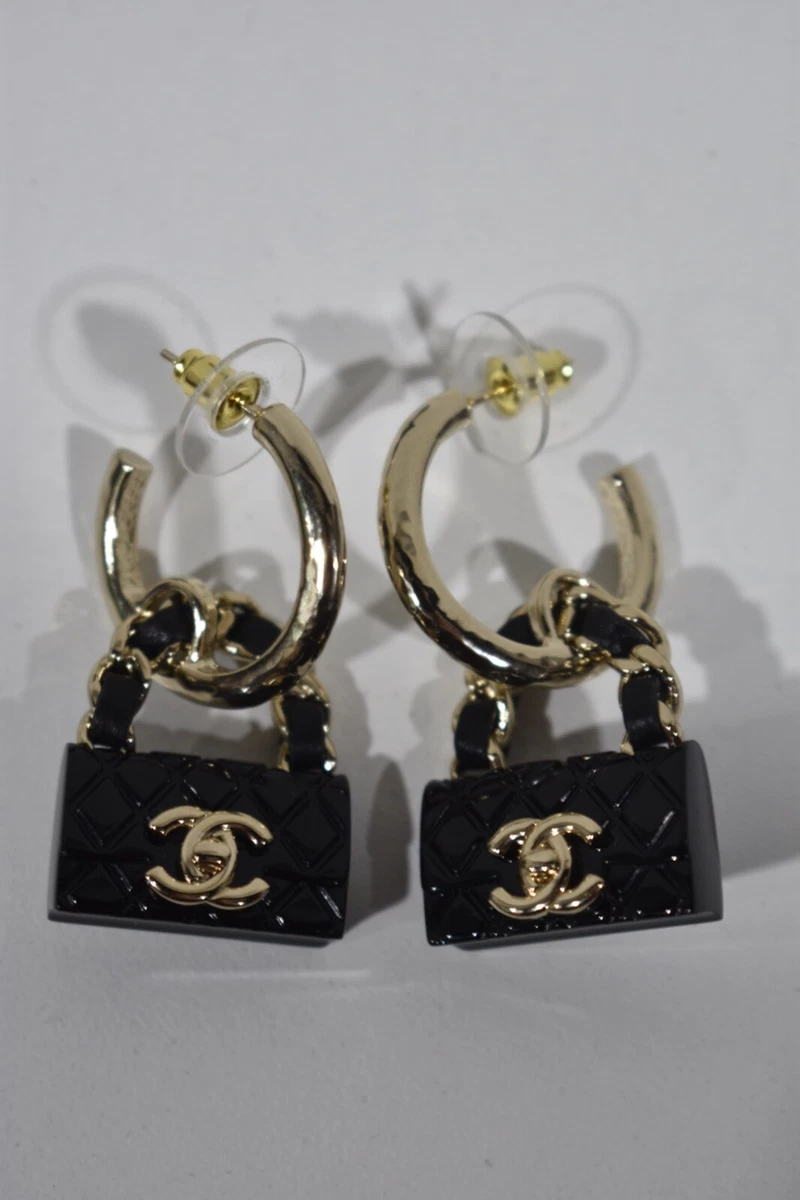 Chanel 23C Black Quilted Bag Gold CC Logo Dangle Drop Statement Hoop  Earrings