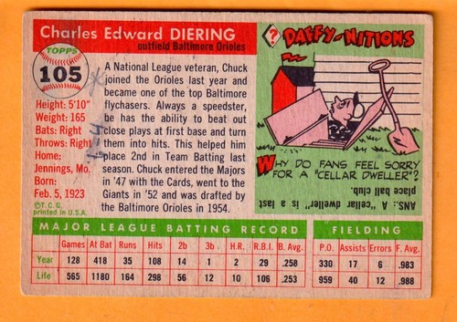 Chuck Diering Baltimore Orioles 1955 Topps #105 Writing on Back - Bild 2 von 2