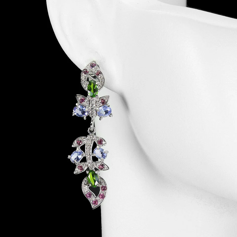 Pendientes de plata de ley 925 ovalados cromo diopsido rodolita piedras preciosas joyería Foto 2 de 4