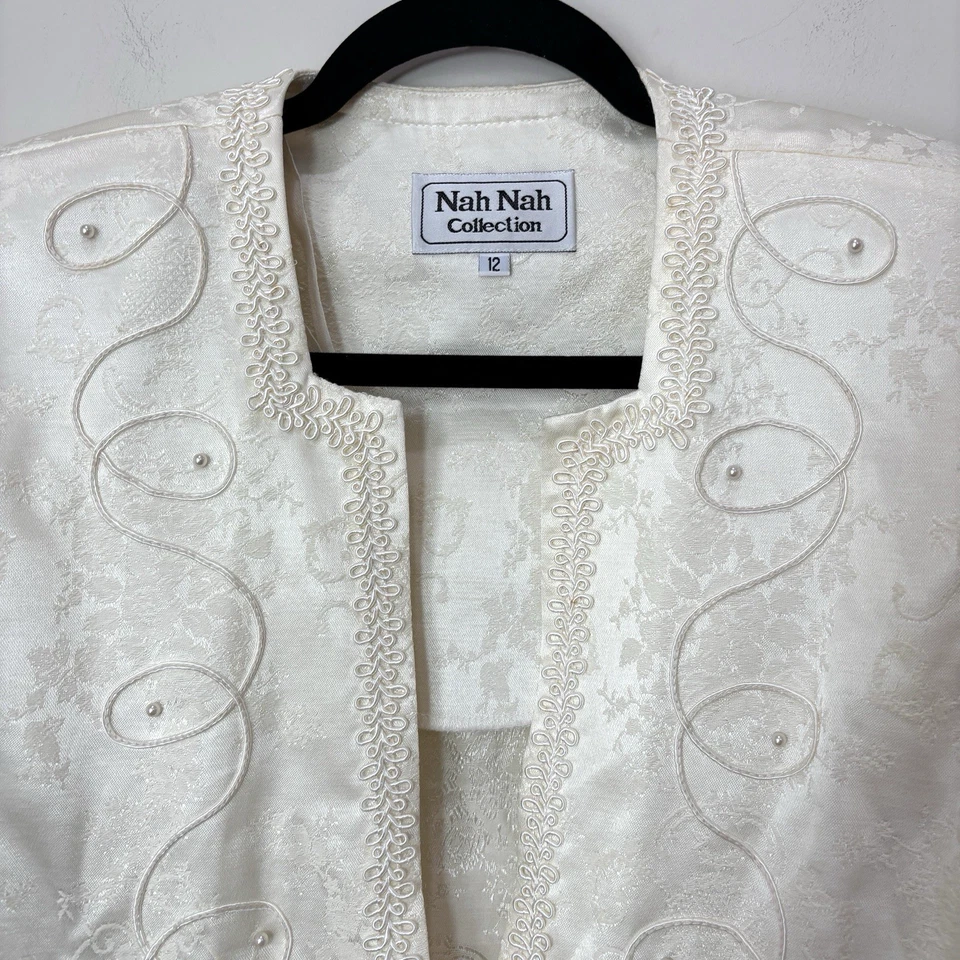 Vintage 80s Nah Nah Collections Ivory Brocade Jacket 12 Lace Pearl NWT Wedding - Image 2 of 4
