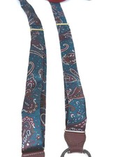 Mens Suspenders Braces Vintage Paisley Button On Teal Brown Leather Trim Satin