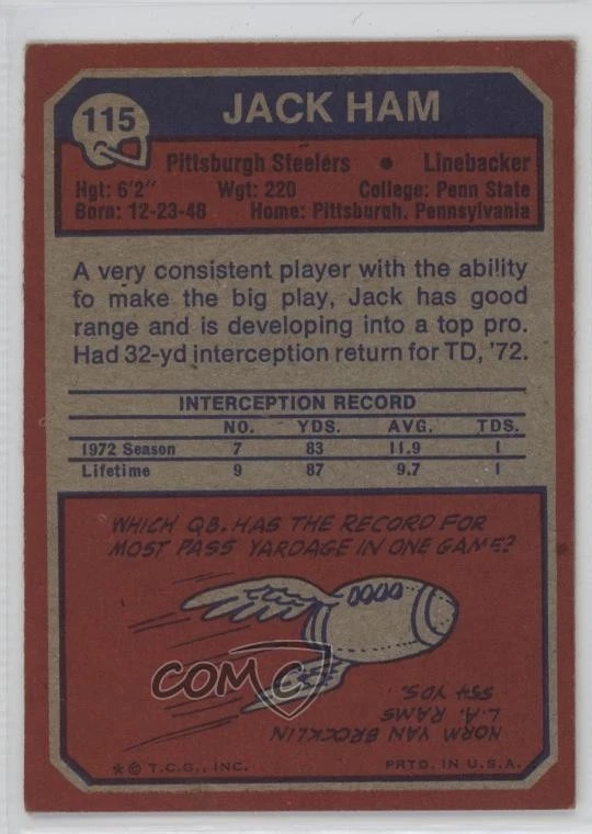 1973 Topps Jack Ham #115 Rookie RC HOF - Image 2 of 3