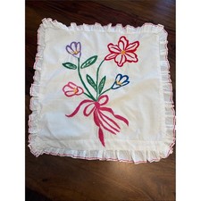 Vintage Embroidered Floral Pillow Sham White with Pink, Red, Green, Blue Accents