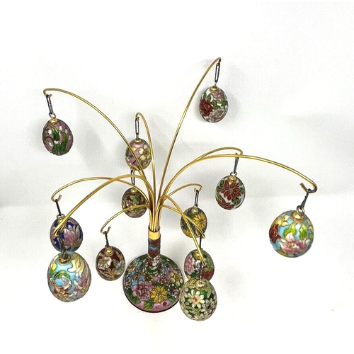 RAR Vintage Chinesischer Cloisonné Emaillierter Baum mit 12er Set Eier mit Blumen - Bild 10 von 14