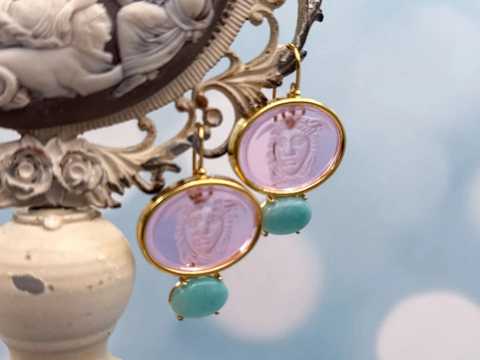 TAGLIAMONTE Designs (2347E) 925SS/YGP Venetian Cameo Earrings*Medusa*Reg.$285 - Image 2 of 4