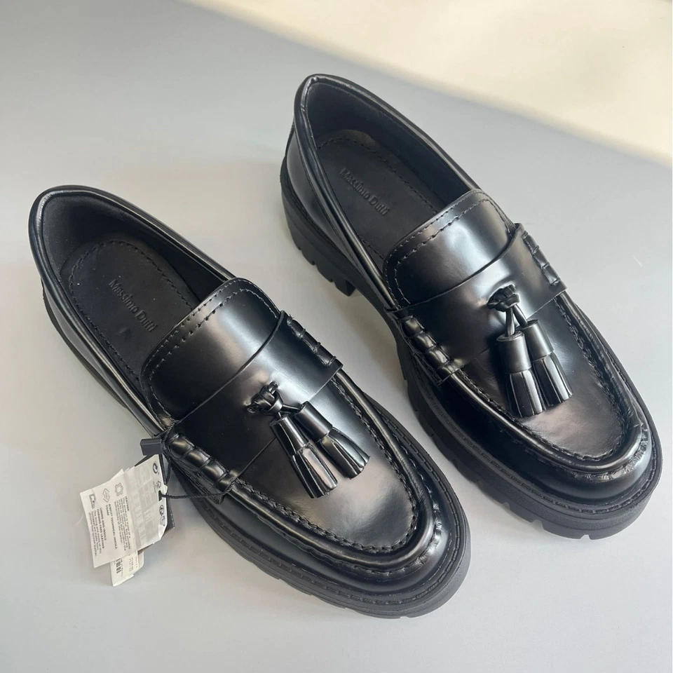 Женские кожаные мокасины с кисточками Massimo Dutti с круглым носком без шнуровки на платформе - Изображение 3 из 4