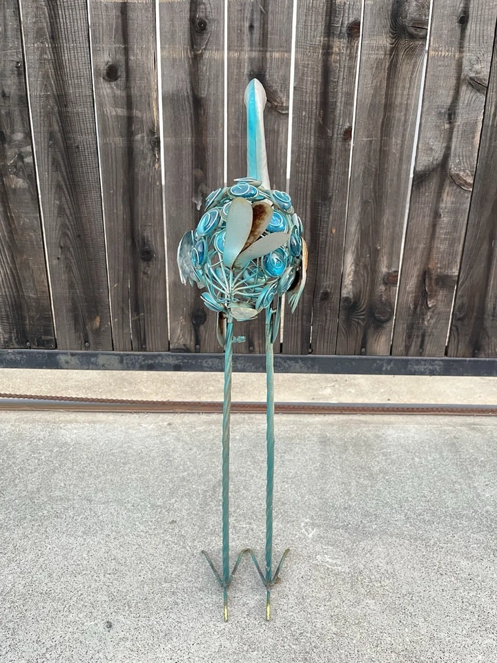Vintage Metal Garden Crane Sculpture with Blue Stones - Image 4 of 4