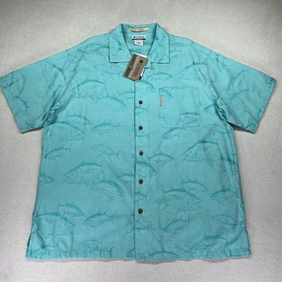 NEW Columbia Shirt Mens 2XL Turquoise Katuna Key River Lodge Fish Print Camp