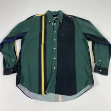 Vintage Nautica Shirt Mens Large Green Black Stripe Button Down Long Sleeve