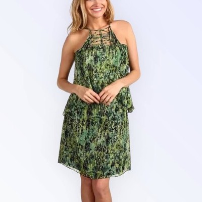 BCBG MaxAzria Silk Dress Green & Black Abstract Design Layered Knee Length