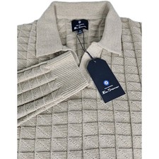 Ben Sherman Textured Knit Sweater Men M Beige Johnny Collar Long Sleeve New