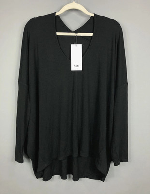 Ruti Dolman Long Sleeve Ribbed Top M/L Black V-Neck Relaxed Lagen Casual NWT