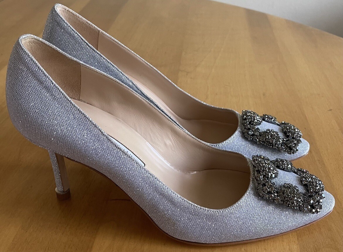【MANOLO BLAHNIK】HANGISI ハンギシグリッター90 エレガント Manolo Blahnik Silver Glitter Fabric Hangisi 90 mm Shoes Sz
