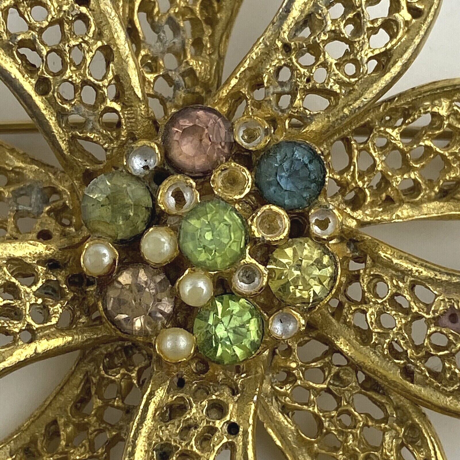 Vintage BSK Flower Brooch Pin Gold Tone Rhineston… - image 3