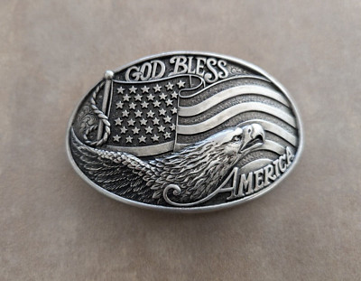 NOCONA Belt Buckle In God We Trust Flag Eagle America Silver Tone 3D Signed