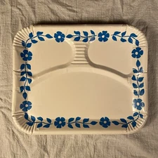 LOT OF 5 Vintage 1970s Paper Lunch Trays Blue Floral Plates