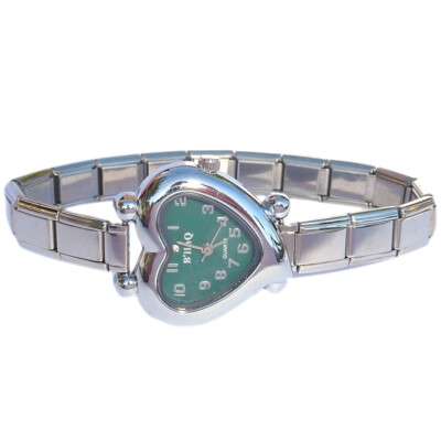 Sage Green Curvy Heart Italian Charm Watch Jewelry - 1990s 2000s Style Bracelet