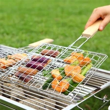 Wooden Handle Meat Fish Clip Holder Iron Wire BBQ Grilling Basket Net Hot Sale