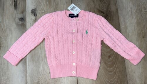 Ralph Lauren Cable Knit Cardigan Baby Girls Embroidered Logo Pink Size 12M NEW