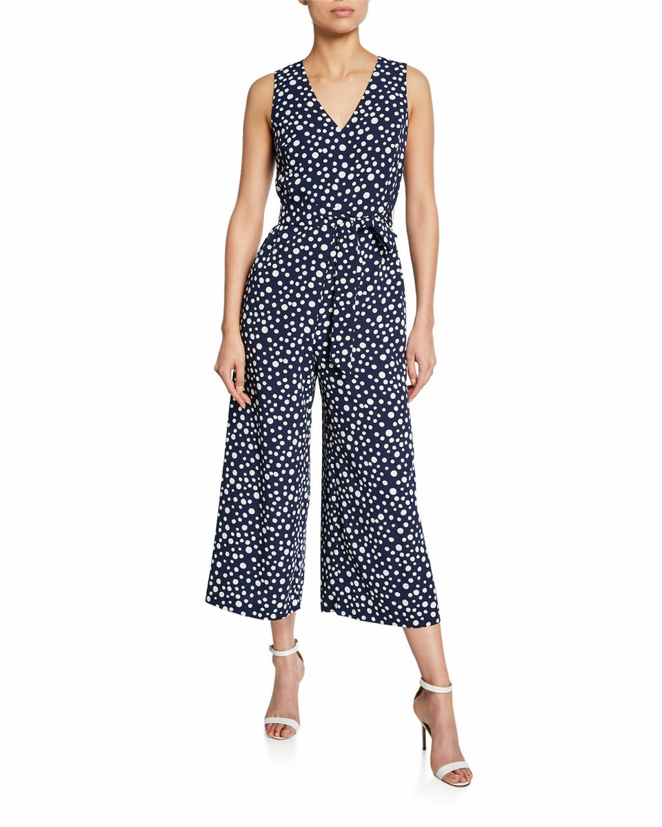 KARL lagerfeld PARIS SLEEVELESS CROP JUMPSUIT BELTED BLUE WHITE POLKA DOT  NEW