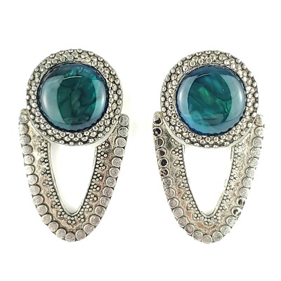 Silver Tone Dotted Earrings Green Swirl Faux Gemstone Door Knocker Tribal 2''