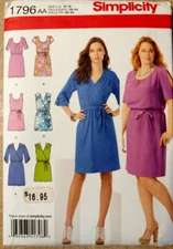 New 1796 Simplicity Women's Pullover 2 lengths Belt, Dress - sz 10-12-14-16-18
