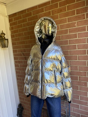 Michael Kors Ciré Shine Hooded Puffer Coat Jacket Silver S $295 Nwt - Picture 3 of 17